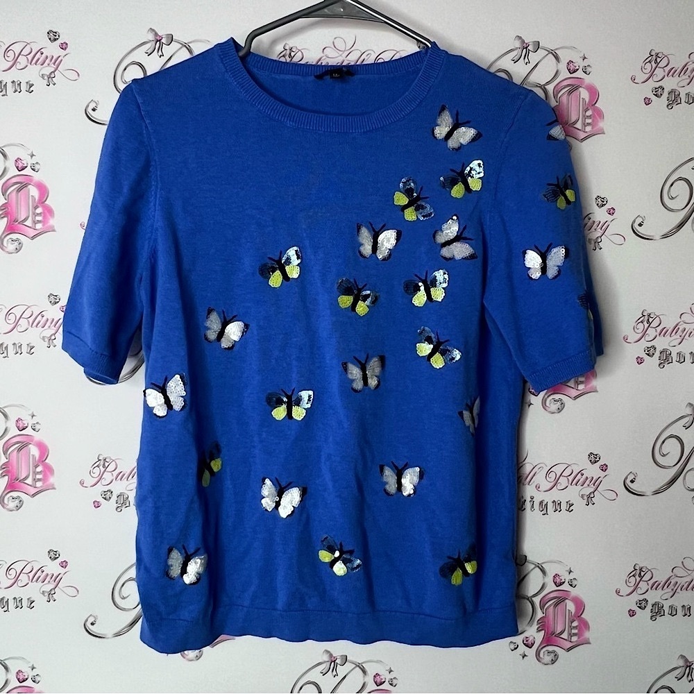 Talbots tshirt sweater Blue Butterfly Shirt sequin embroidered top